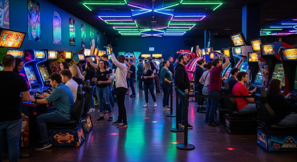 Busy retro arcade full of players socializing and competing on joystick games.