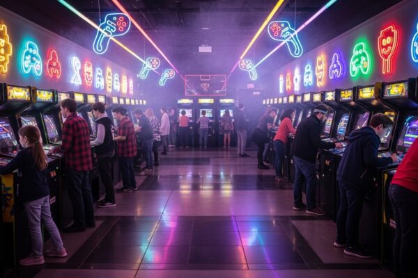 Retro arcade filled with glowing game cabinets, players battling on joysticks, and neon lights reflecting off the floor.