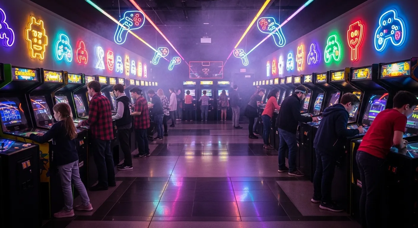 Retro arcade filled with glowing game cabinets, players battling on joysticks, and neon lights reflecting off the floor.