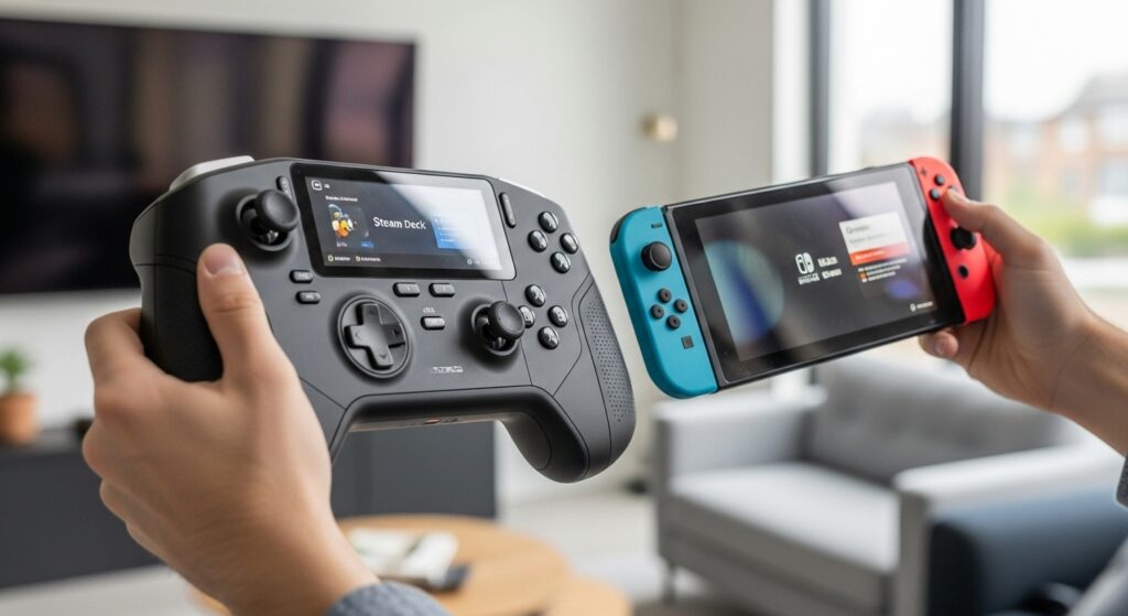Person holding the Steam Deck, showcasing its ergonomic design and size compared to the more compact Nintendo Switch.
