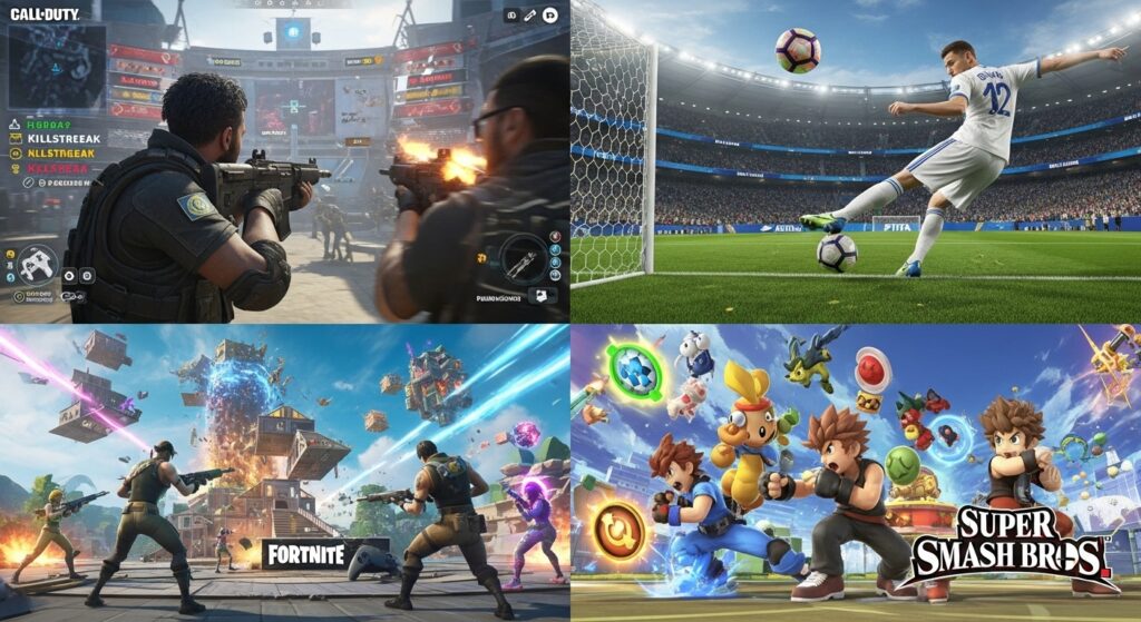 Highlights of major console tournament games like Call of Duty, FIFA, Fortnite, and Super Smash Bros.