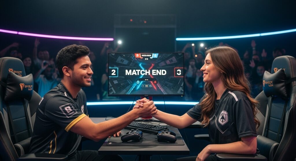 Console gaming competitors showing sportsmanship after a close match.