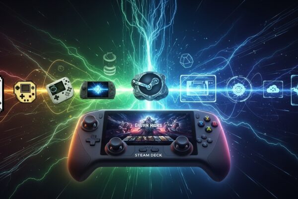Steam Deck at the center of a dynamic digital backdrop, showcasing its gaming power and connection to the evolution of handheld consoles.