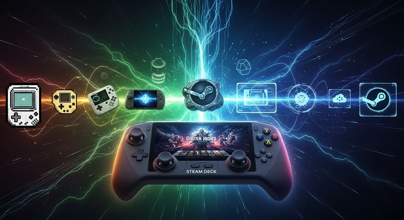 Steam Deck at the center of a dynamic digital backdrop, showcasing its gaming power and connection to the evolution of handheld consoles.