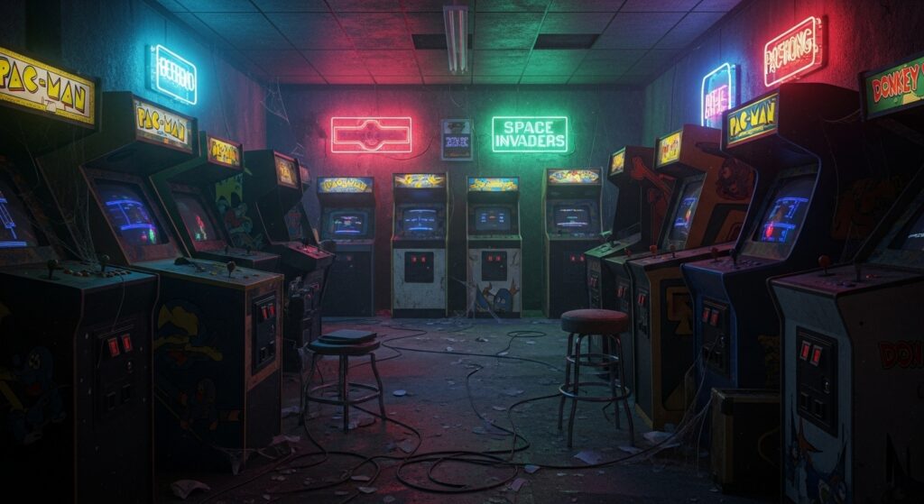 Empty retro arcade with glowing machines, symbolizing the decline of classic joystick era.