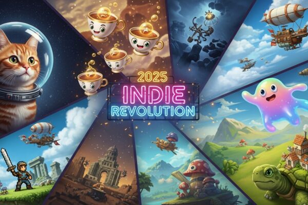Collage of colorful 2025 indie game worlds with space cats, talking teacups, and retro pixel art characters symbolizing the indie game revolution.