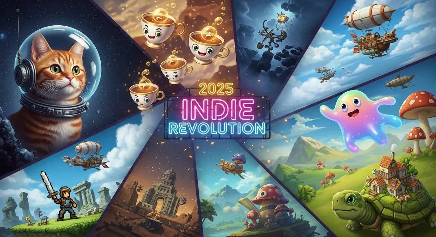 Collage of colorful 2025 indie game worlds with space cats, talking teacups, and retro pixel art characters symbolizing the indie game revolution.