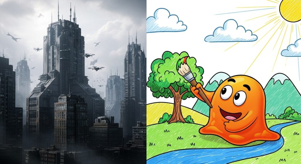 Split world of realistic and hand-drawn art where a blob paints color into its universe — indie art expression.