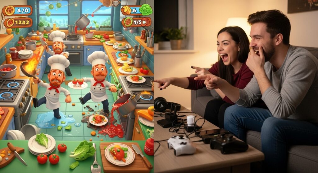 Two players enjoying a chaotic kitchen in Overcooked, representing the fun and bonding of indie co-op games.
