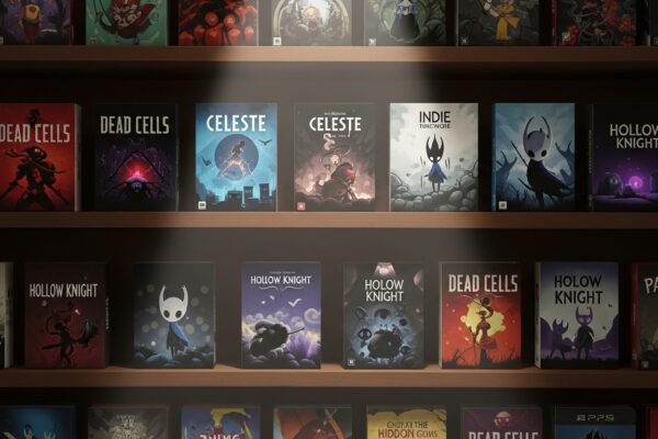 Hidden gems of indie gaming displayed on a dusty bookshelf, highlighting underrated indie games waiting to be discovered.