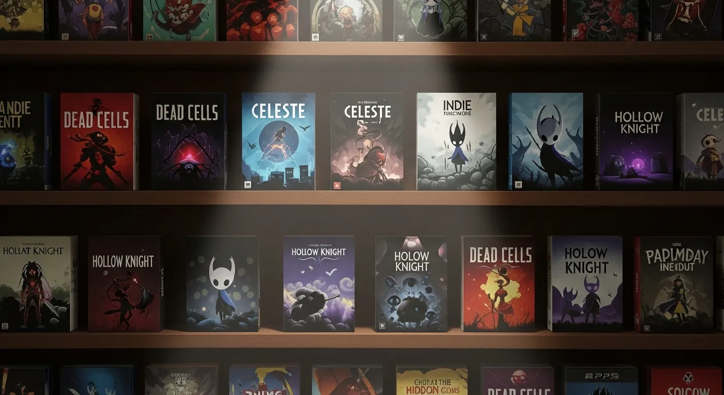 Hidden gems of indie gaming displayed on a dusty bookshelf, highlighting underrated indie games waiting to be discovered.