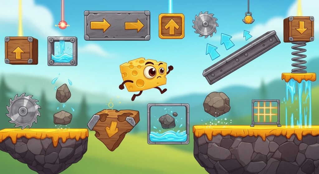 Cheese slice navigating gravity-bending obstacle course — creative indie gameplay illustration.