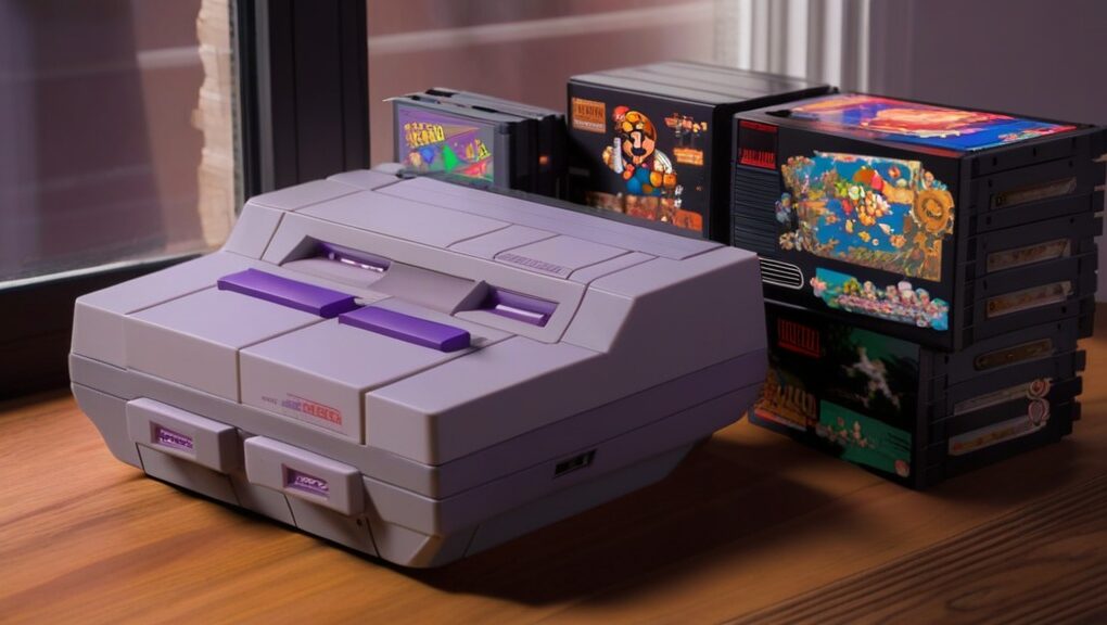 SNES games collection with classic cartridges and retro console