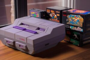 SNES games collection with classic cartridges and retro console