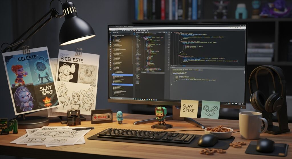 Indie game developer’s workspace with concept art and game design documents, showcasing the creativity behind underrated indie games.