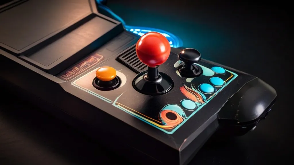 A sleek black arcade joystick with a comfortable ergonomic grip, surrounded by vintage arcade game machines with vibrant screens.
