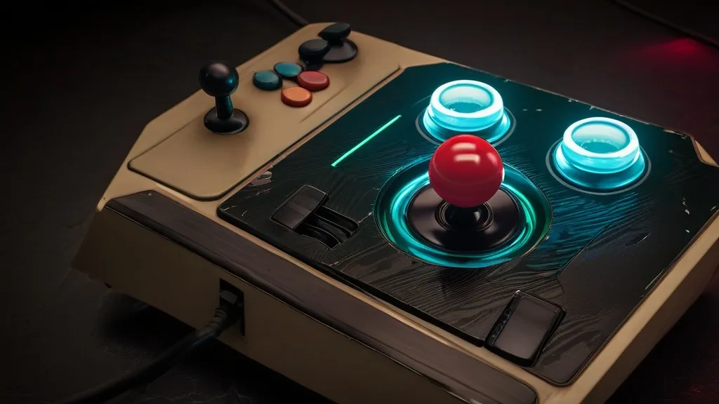 A sleek black arcade joystick with a sturdy metal base, surrounded by colorful buttons, set on a vintage wooden table.