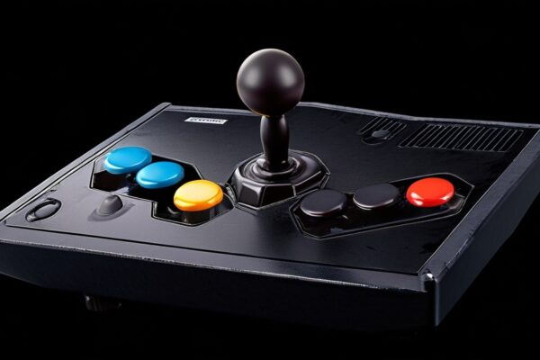 A sleek, high-performance arcade joystick with a classic black and red design, featuring a robust metal base and precision buttons, set on a glossy gaming setup.