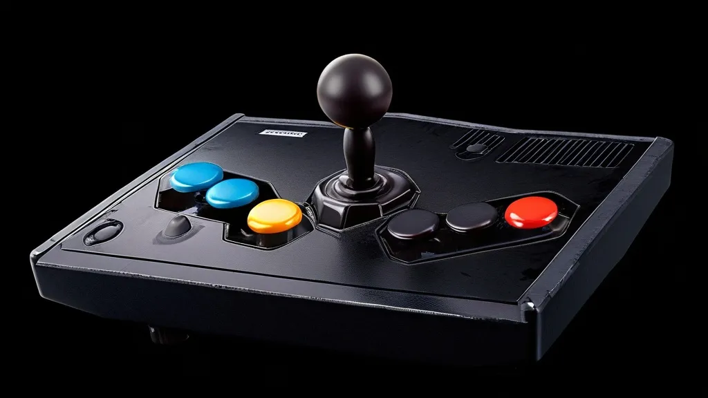 A sleek, high-performance arcade joystick with a classic black and red design, featuring a robust metal base and precision buttons, set on a glossy gaming setup.