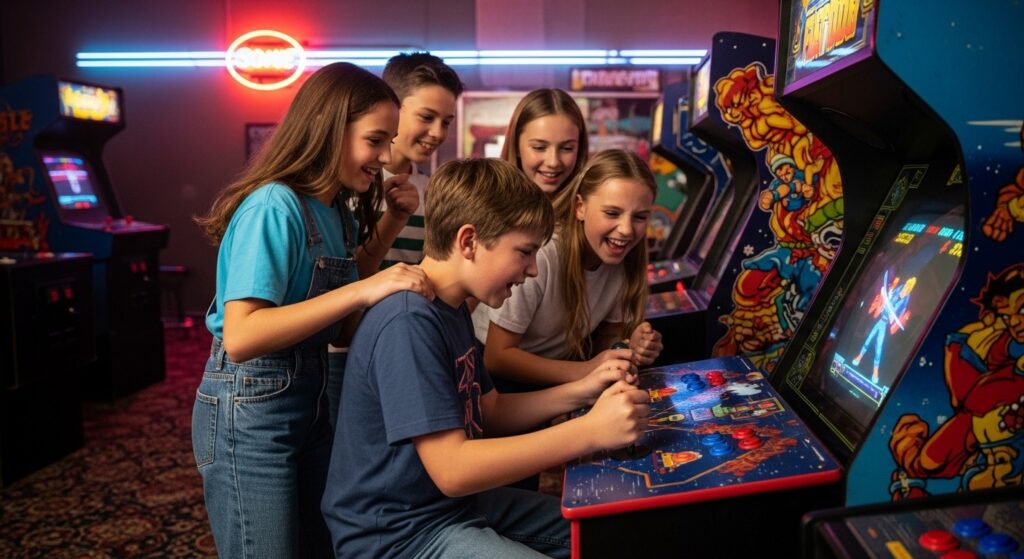 Group of kids playing arcade joystick fighters in the early 90s, laughing and focused on the screen.