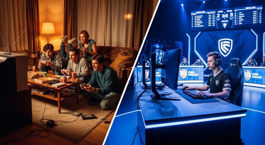 Contrast of early living-room console gaming and today’s professional tournament stage.