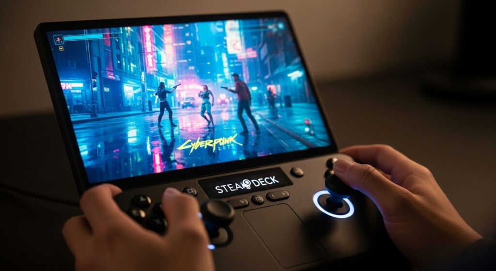 Steam Deck playing a high-performance game like Cyberpunk 2077, demonstrating its powerful gaming capabilities and graphics.