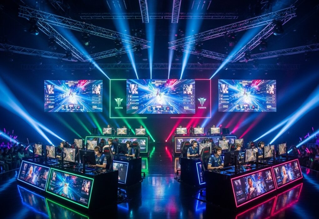 Massive console gaming tournament arena with players competing on stage under bright neon lights and cheering crowds.
