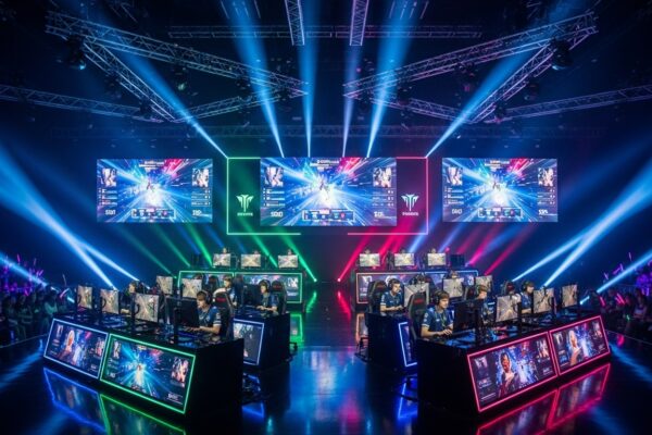 Massive console gaming tournament arena with players competing on stage under bright neon lights and cheering crowds.