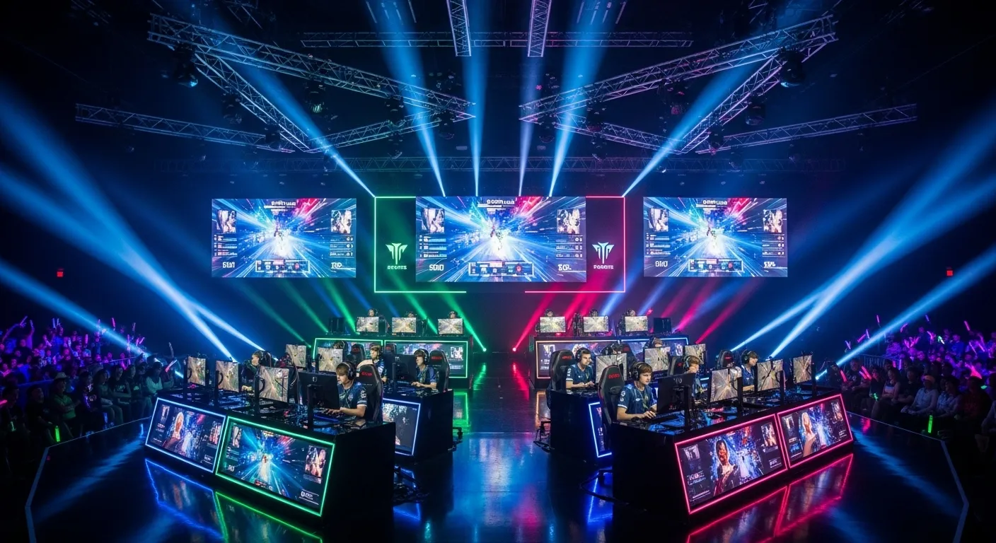 Massive console gaming tournament arena with players competing on stage under bright neon lights and cheering crowds.