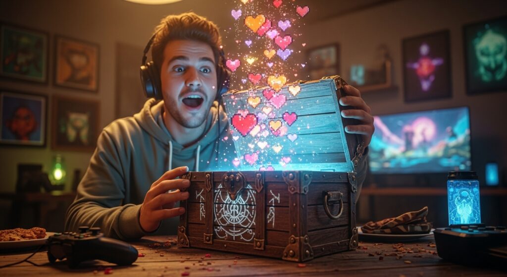Gamer opening chest releasing glowing pixel hearts — indie games made with passion and creativity.