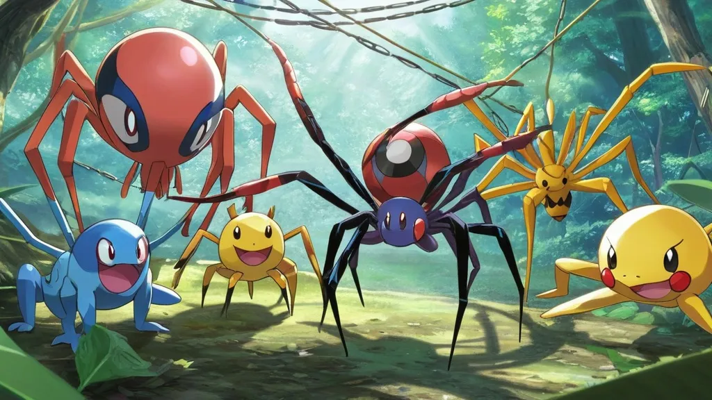 spider pokemon characters in forest setting