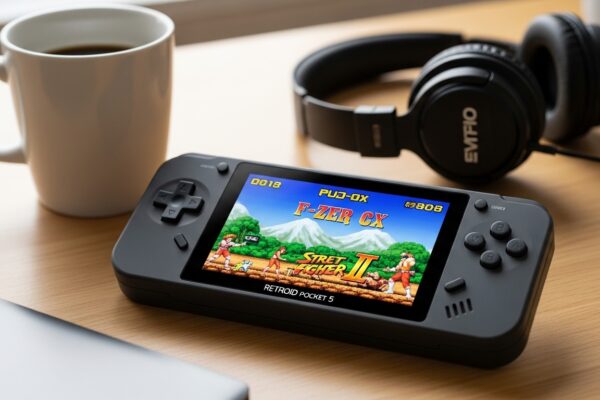 Retroid Pocket 5 handheld console running retro game on table beside coffee mug and headphones