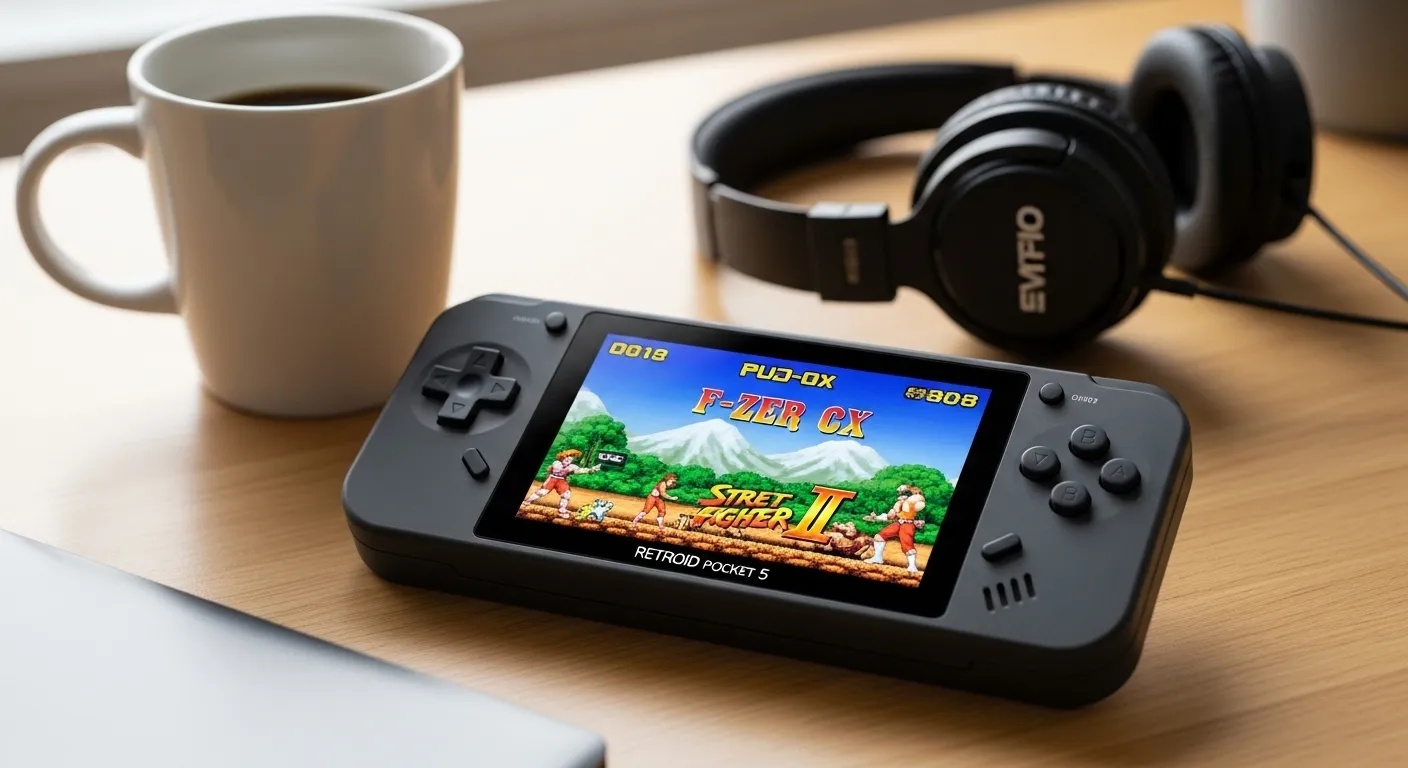Retroid Pocket 5 handheld console running retro game on table beside coffee mug and headphones