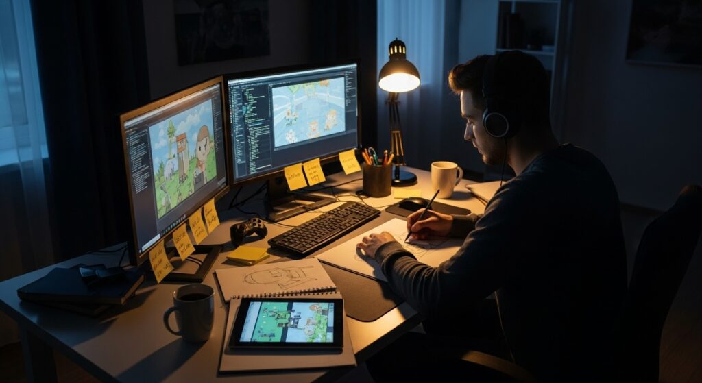 Indie developer working late on a game concept.
