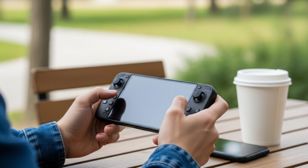 Person playing Retroid Pocket 5 handheld gaming console at coffee shop