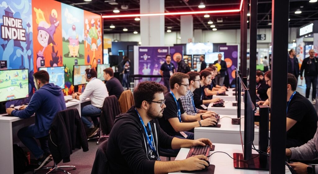 Gamers playing indie titles at a convention booth.