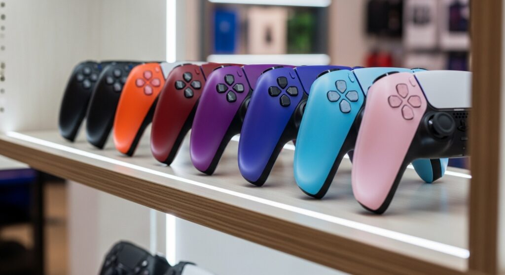 Different color variants of PS5 DualSense controller displayed on shelf.