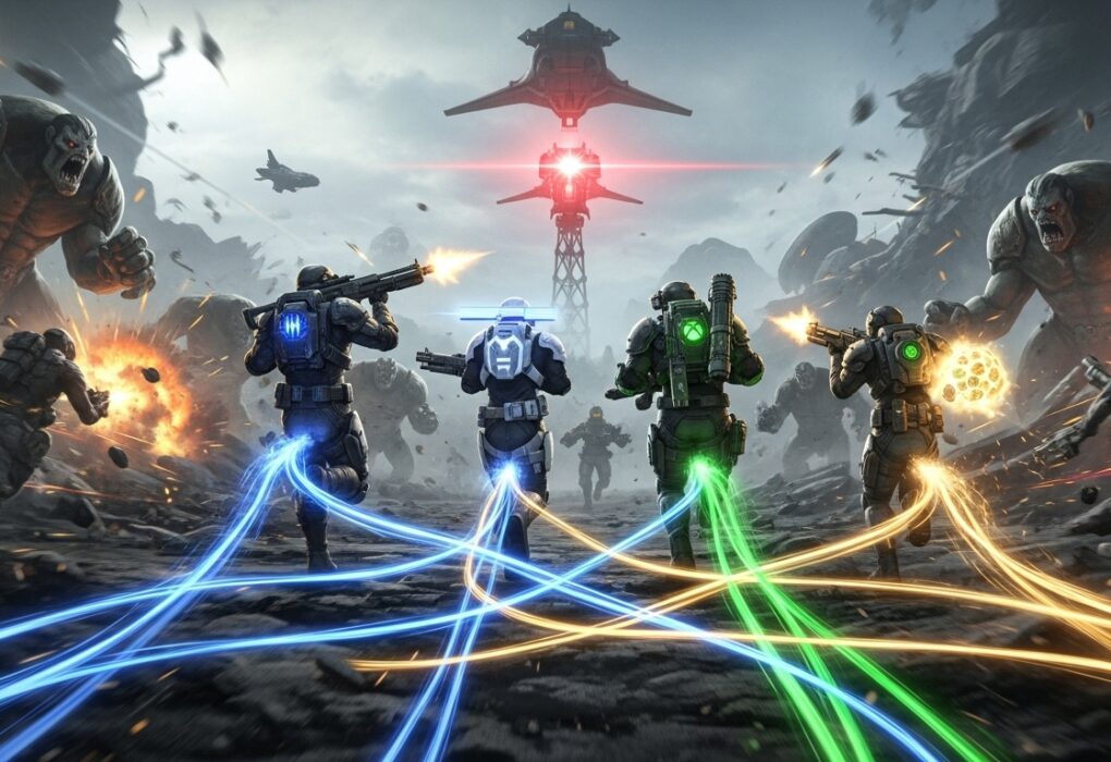 Helldivers 2 crossplay squad in action, showing friends playing together across PC, PS5, and Xbox