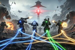 Helldivers 2 crossplay squad in action, showing friends playing together across PC, PS5, and Xbox