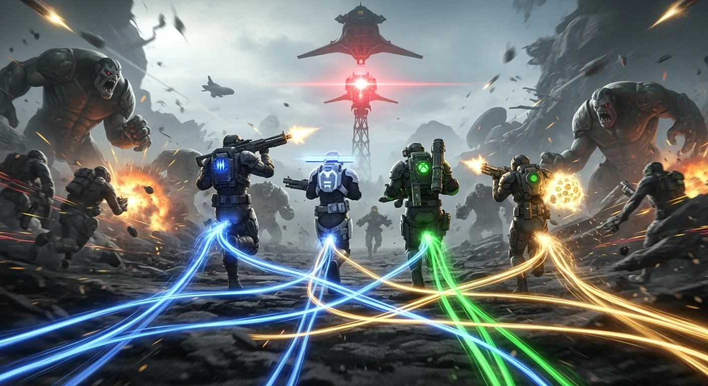 Helldivers 2 crossplay squad in action, showing friends playing together across PC, PS5, and Xbox