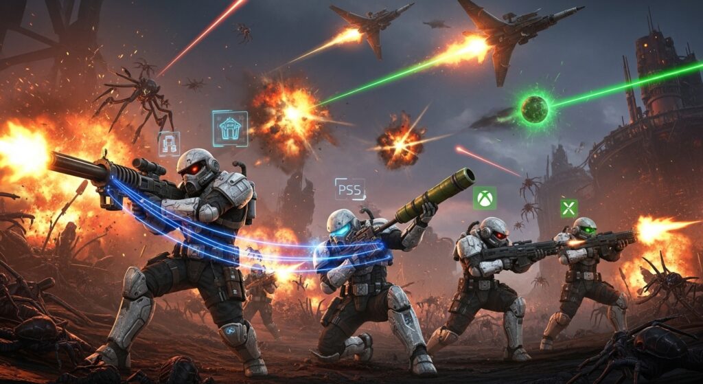 Helldivers 2 multiplayer squad in crossplay battle.