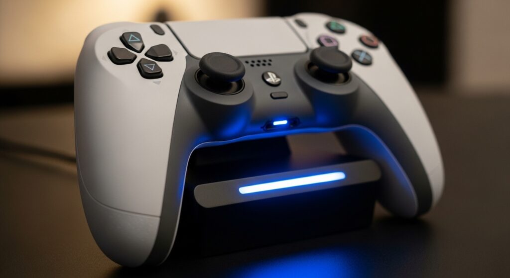PS5 controller charging dock with glowing indicators.