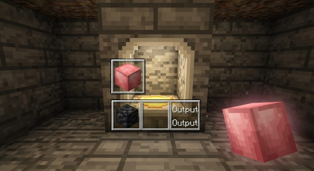 Smelting dyed terracotta into glazed terracotta in Minecraft furnace.
