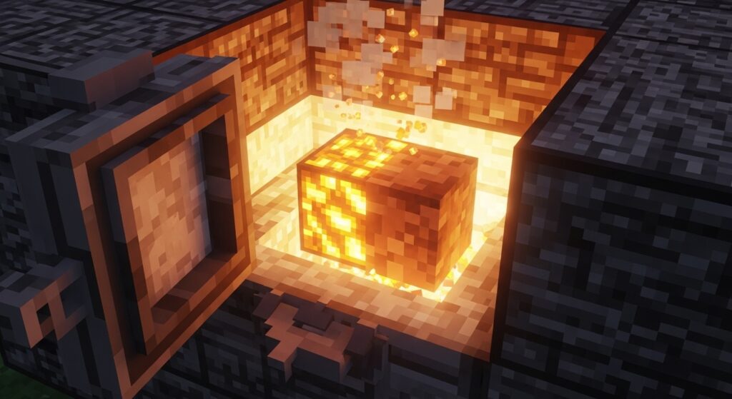 Minecraft furnace smelting clay block to make terracotta.