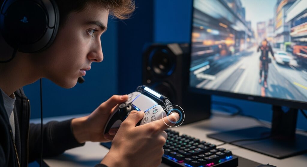 Pro gamer using PS5 DualSense controller with adaptive triggers for precision gameplay