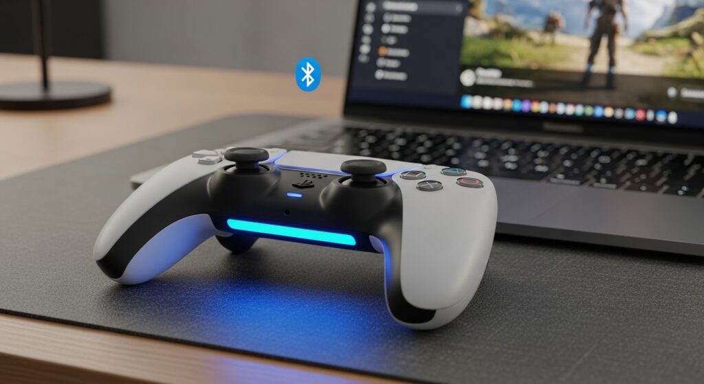 PS5 DualSense controller used for cloud gaming and streaming on laptop via Bluetooth connection