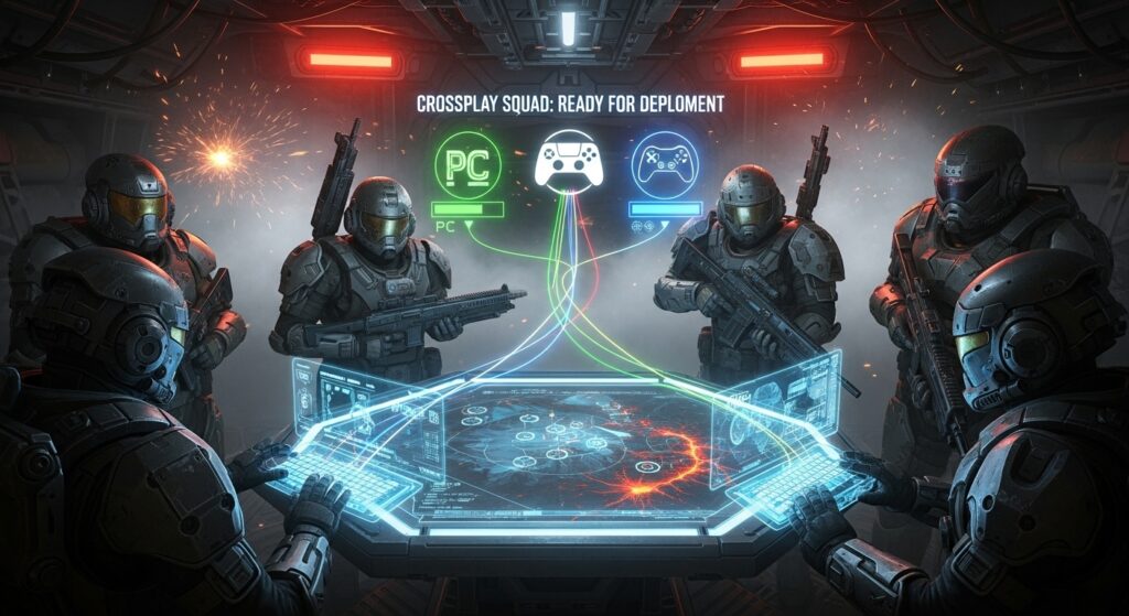 Helldivers 2 squad preparing for co-op crossplay mission.