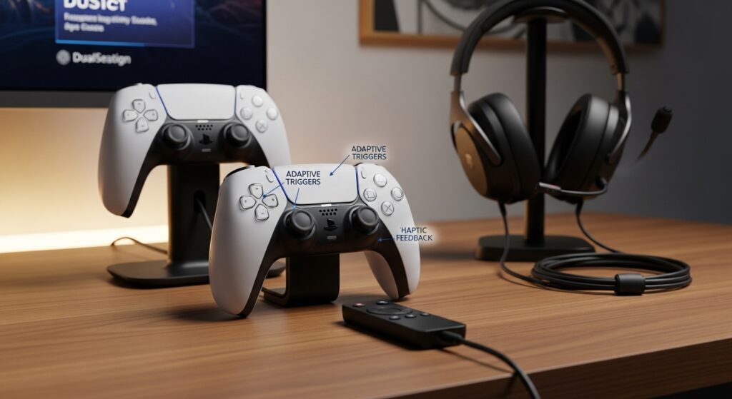 PS5 DualSense controller setup with accessories on desk.