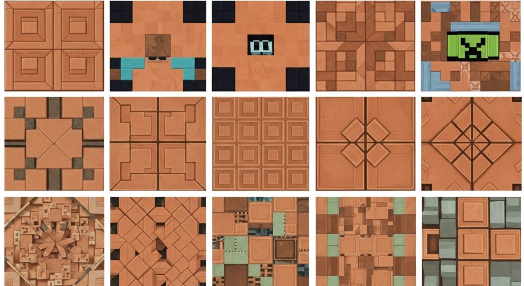 Various Minecraft glazed terracotta pattern designs in mosaic layout.