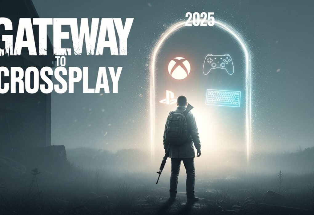 DayZ survivor looking at a glowing portal symbolizing future crossplay between Xbox, PlayStation, and PC in 2025.